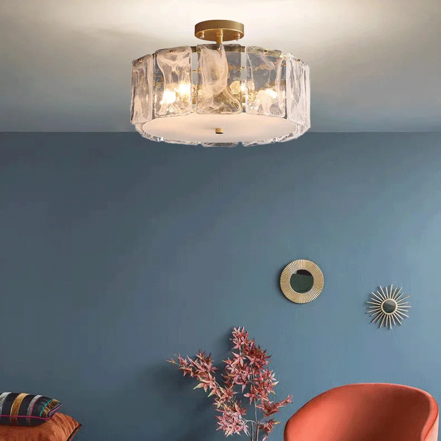 Modern Metal And Glass Round Bedroom Ceiling Light, Gold