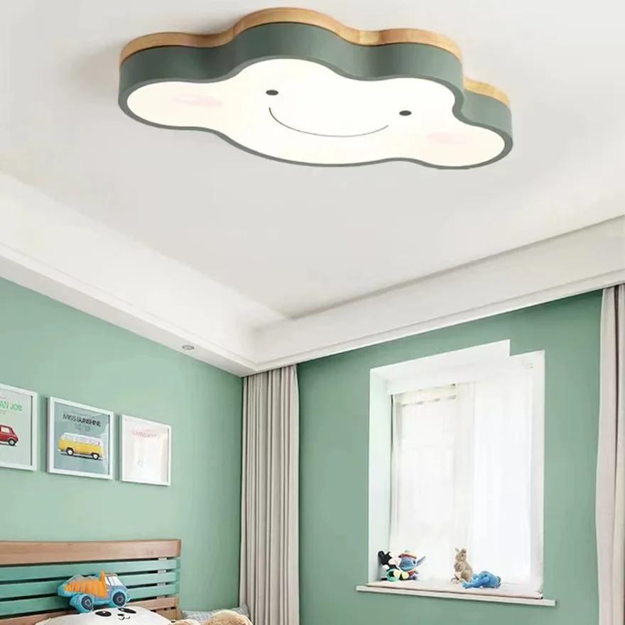 Decorative Wooden And Acrylic Cloud Children's Room Ceiling Light, Green/Pink/White, Trichromatic Light