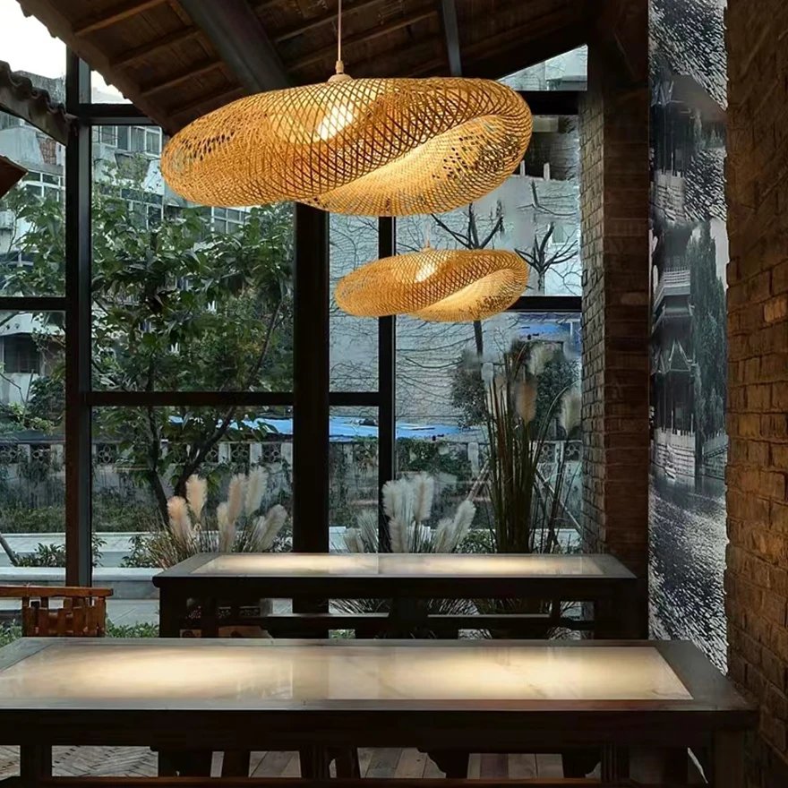 Natural Bamboo Dome Living Room Pendant Light, Yellow