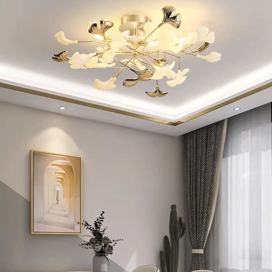 Designer Ceramic And Metal Petal Shaped Dining Room Ceiling Light, Gold-White