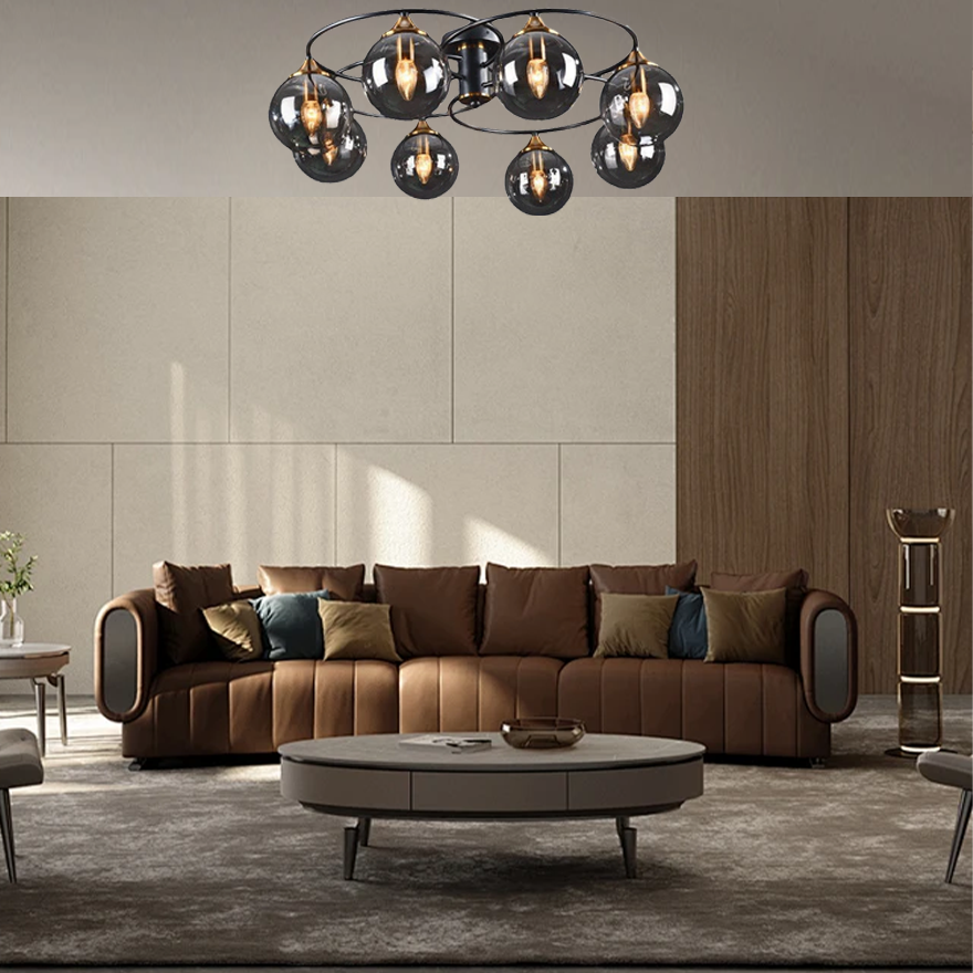 Modern Metal And Glass Bubble Living Room Chandelie Pendant Light, Amber/Smoky gray