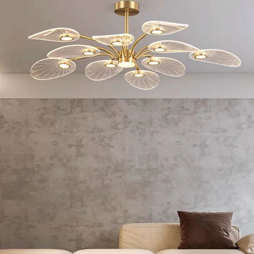 Modern Metal And Acrylic Bedroom Chandelier Pendant Light, Gold, Trichromatic Light