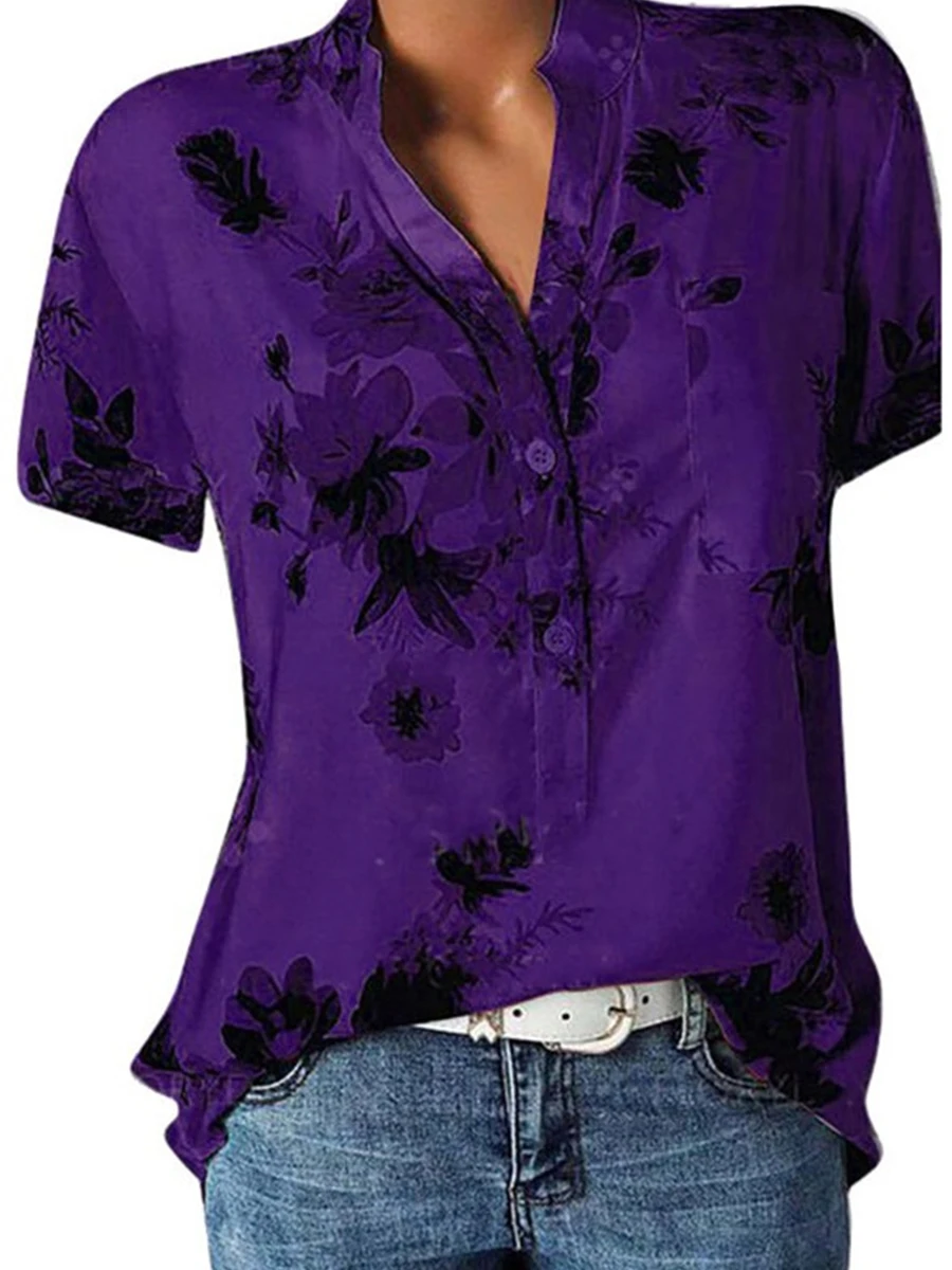 V Neck Loose Fitting Floral Printed Blouses