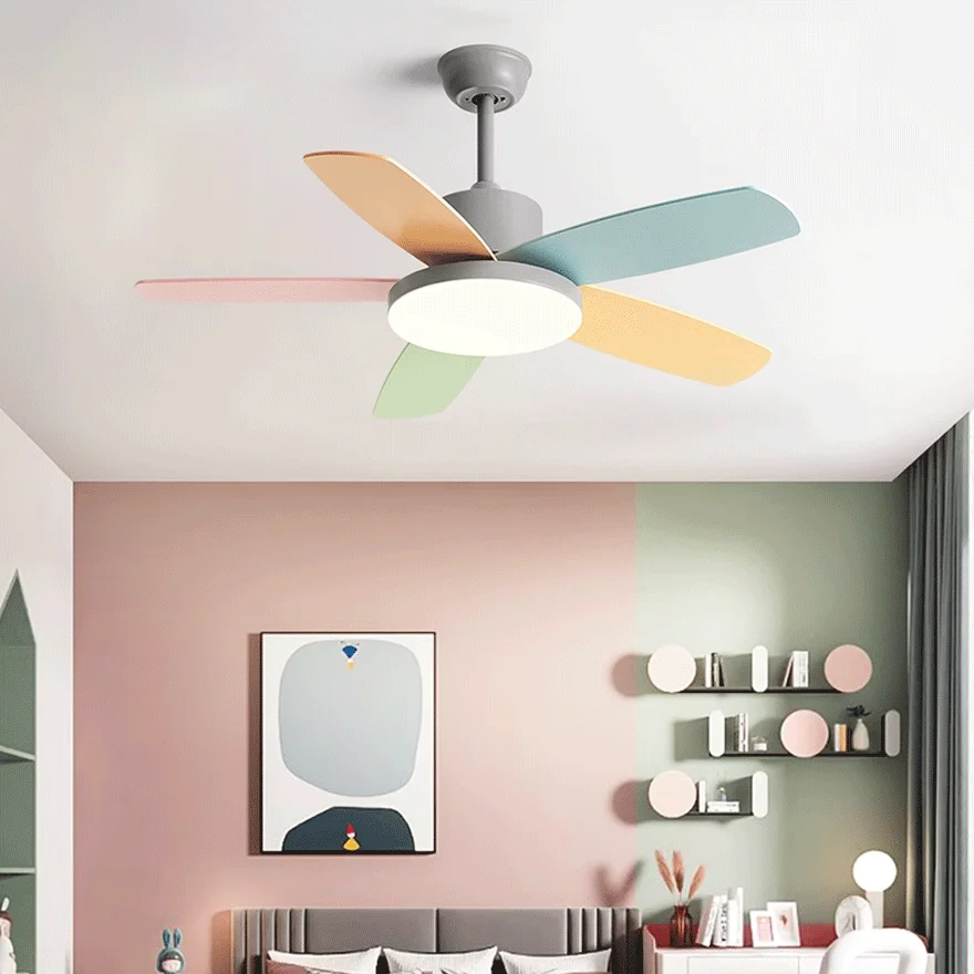 Art Deco Metal And Acrylic Round Study Room Ceiling Fan with Light, Green/Grey/Pink/White