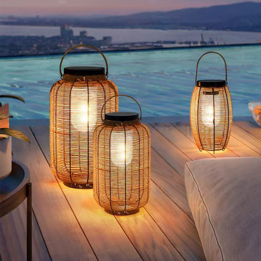 Natural Metal And Imitation Rattan Courtyard Outdoor Floor Light, Natural Wood