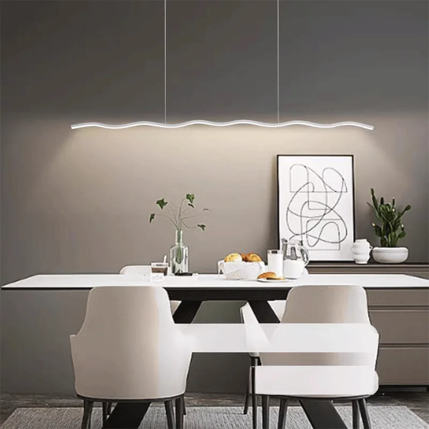 Minimalist Metal Wave Linear Dining Room Pendant Light, Black/White