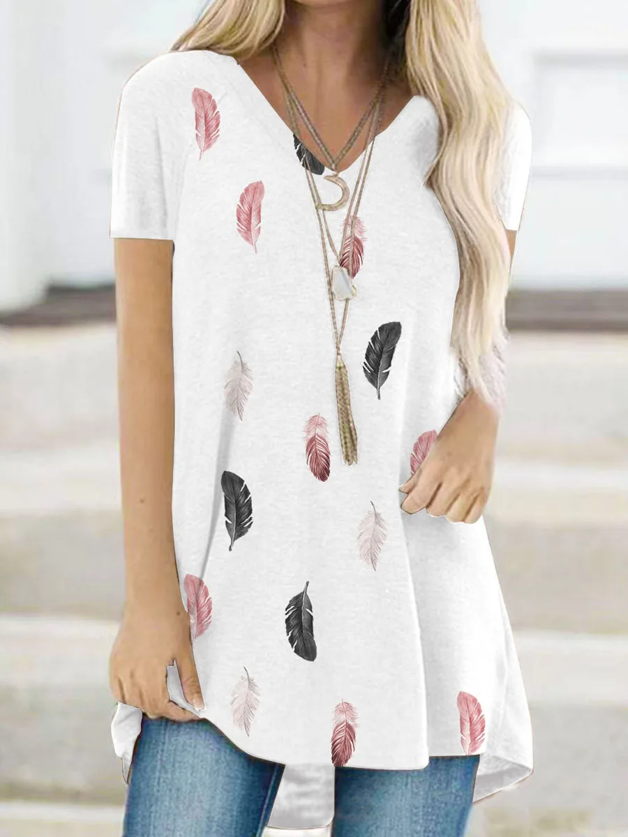 Feather Print V-neck Casual Short Sleeve T-shirt