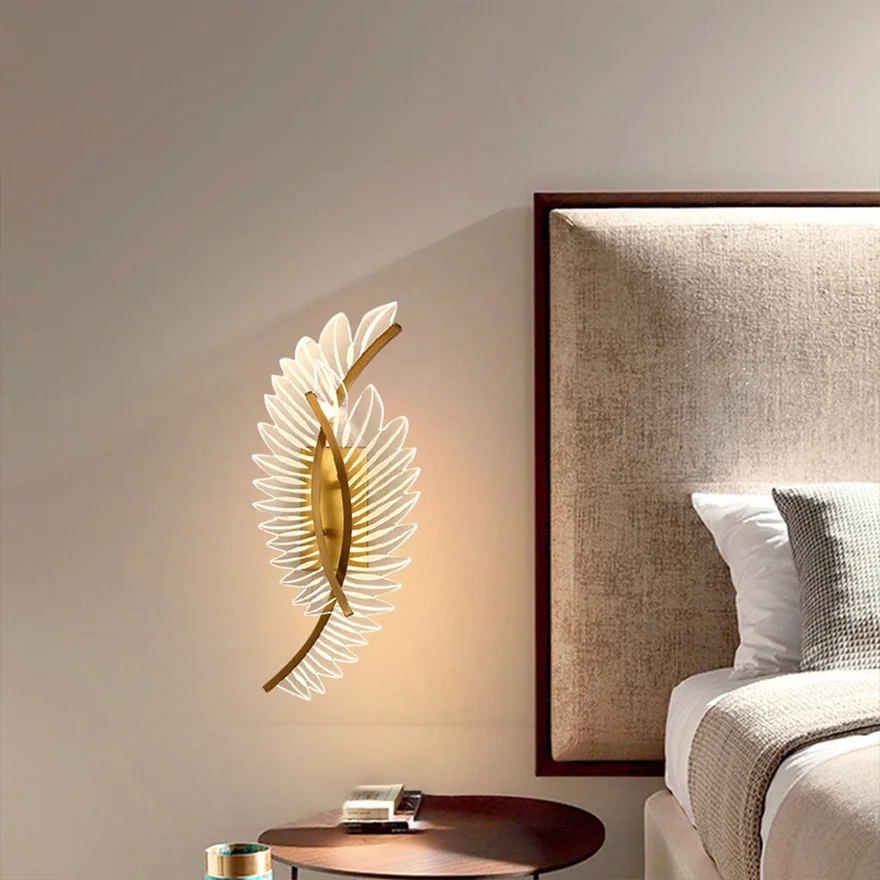 Art Deco Metal And Acrylic Feather Study Room Wall Lamp, Gold/Clear