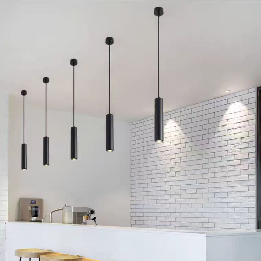 Minimalist Metal Cylindrical Living Room Pendant Light, Black, Trichromatic Light