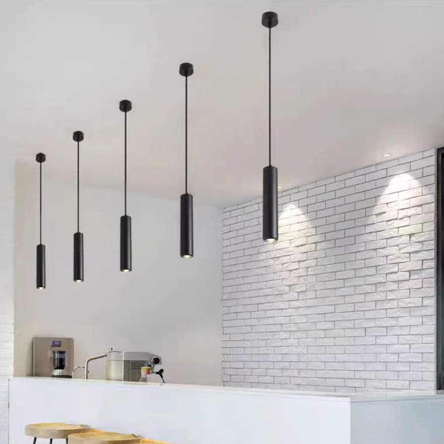 Minimalist Metal Cylindrical Living Room Pendant Light, Black, Trichromatic Light