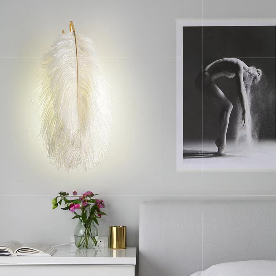 Art Deco Metal And Feather Feather Living Room Wall Lamp, White