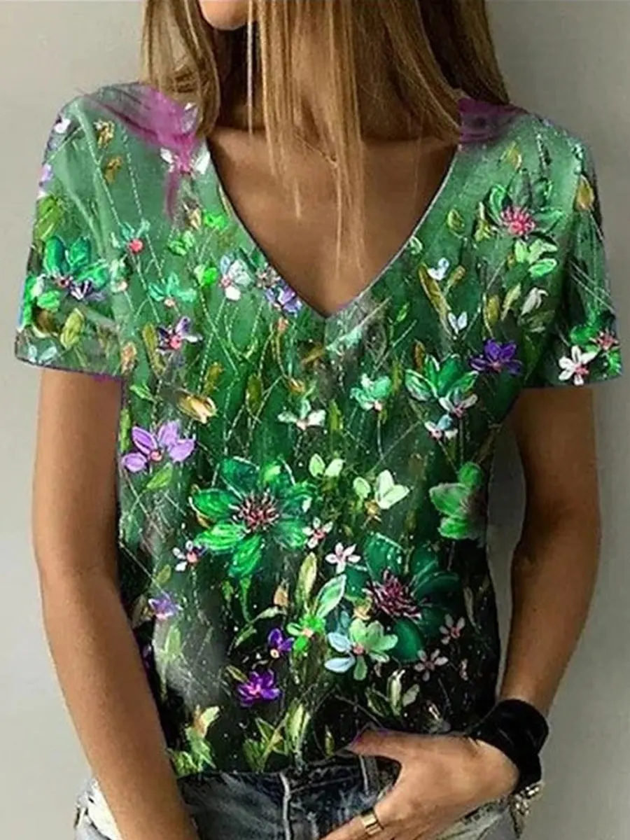 V-neck Casual Loose Floral Print Short Sleeve T-shirt