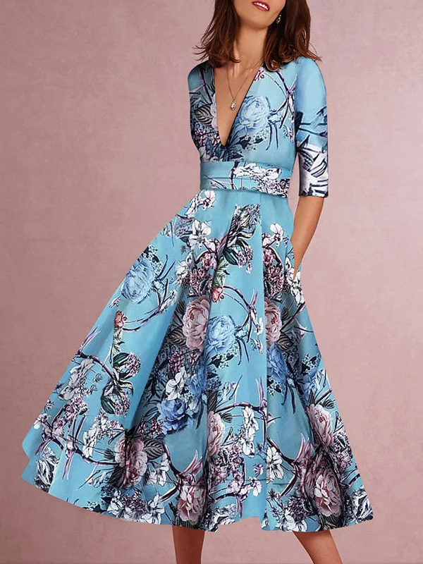 Sexy Lake Blue Half Sleeves Floral Print Skater Dress