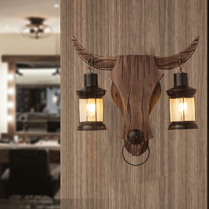 Decorative Metal And Wooden Bull Lantern Dining Room Wall Lamp, Pine Wood