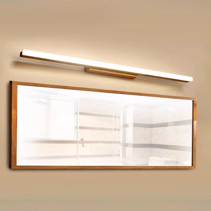 Modern Wooden And Metal Strip Bathroom Mirror Front Wall Lamp, Burlywood, Trichromatic Light