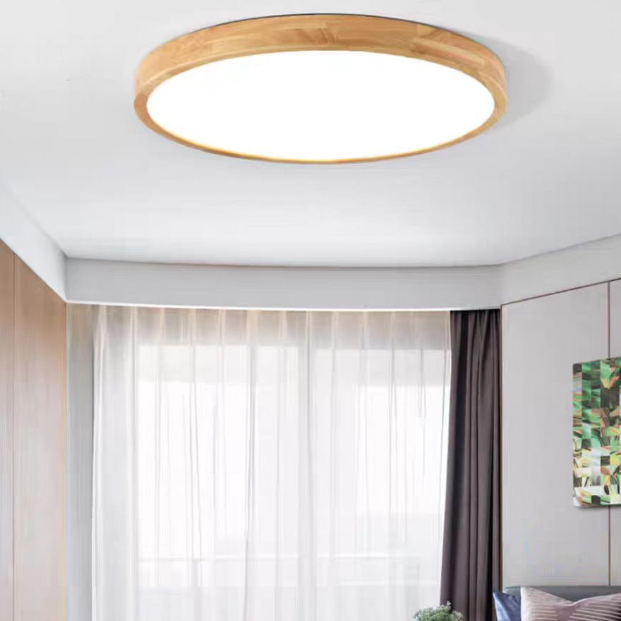 Modern Wood And Plastic Round Living Room Pendant Light, Natural Wood, Trichromatic Light