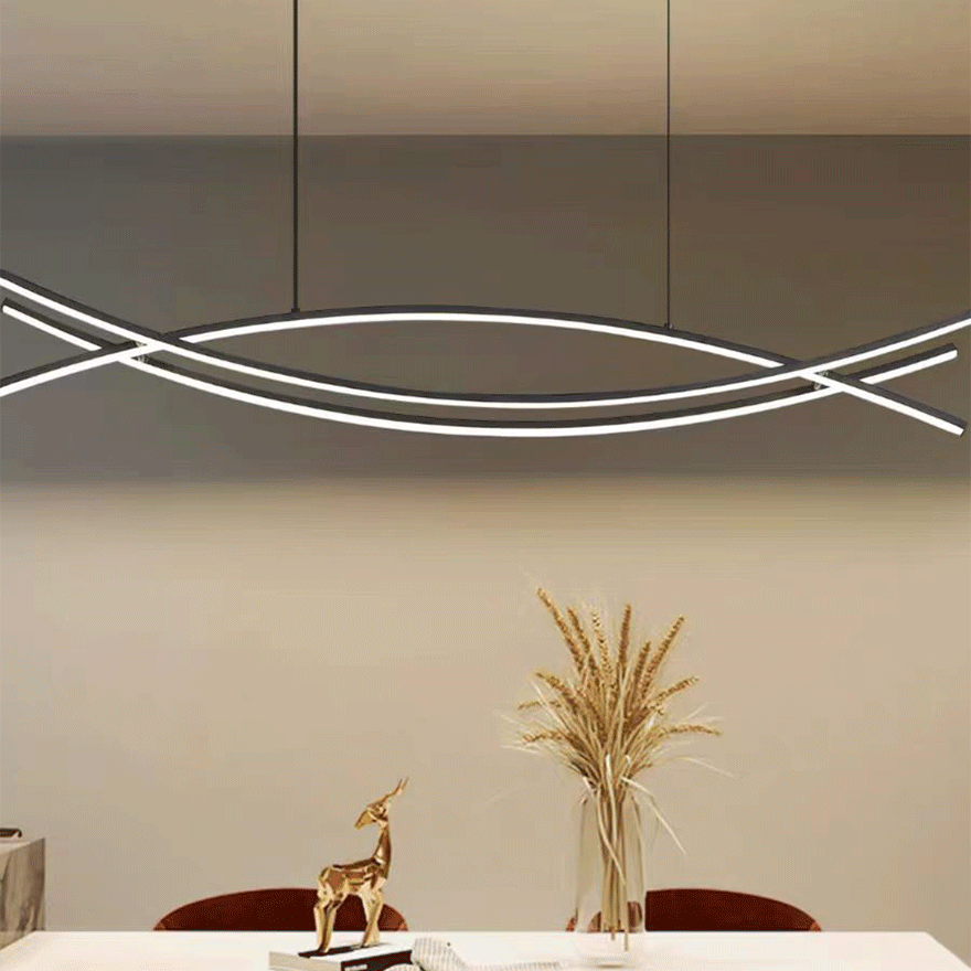 Modern Metal Curved Dining Room Pendant Light, Black, Trichromatic Light