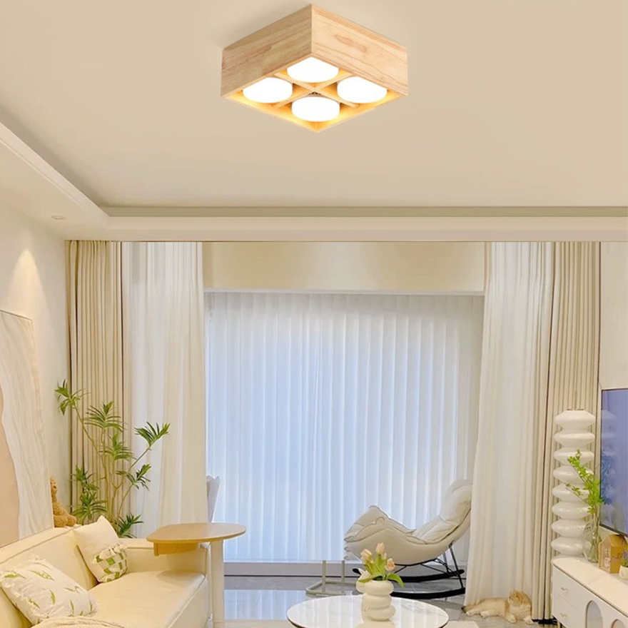 Unusual Wooden And Acrylic Square Bedroom Ceiling Light, Burlywood, Trichromatic Light