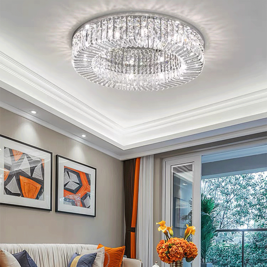 Modern Metal And Crystal Round Bedroom Chandelier Pendant Light, Chrome/Gold