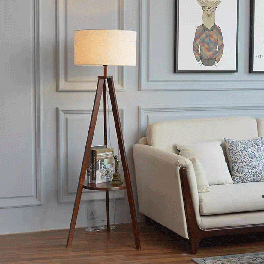 Vintage  Wooden And Fabric Tripod Living Room Floor Lamp, Walnut/Natural Wood