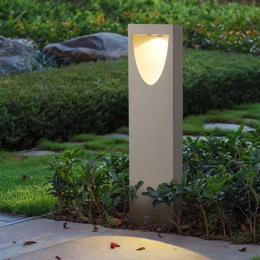 Minimalist Metal And Marble Cylindrical Outdoor Pathway Light, Grey