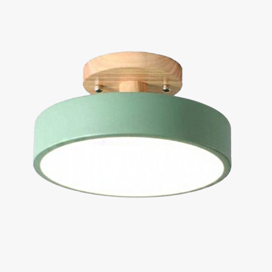 Modern Wooden And Acrylic Round Dining Room Ceiling Light, Gray/Green/Pink/White/Wood, Trichromatic Light