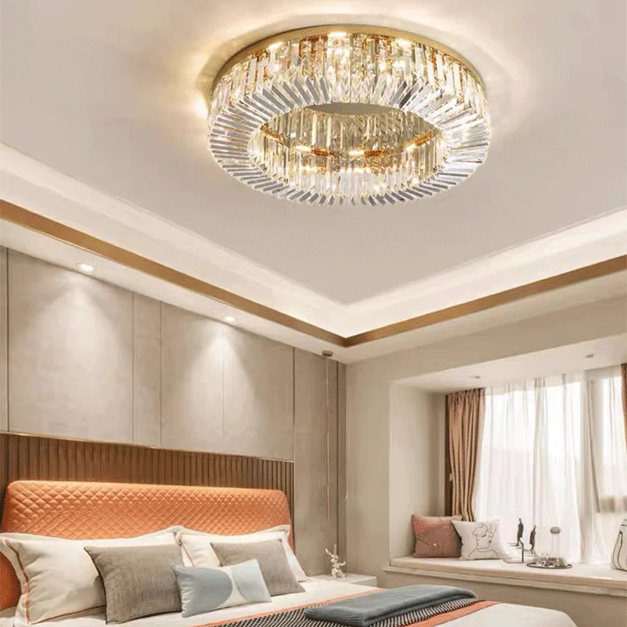 Modern Metal And Crystal Round Bedroom Chandelier Pendant Light, Chrome/Gold