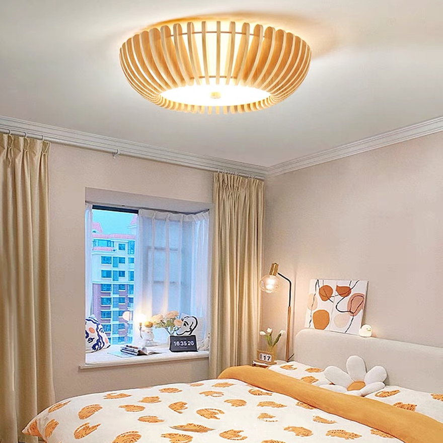 Modern Wooden And Acrylic Round Bedroom Ceiling Light, Burlywood, Trichromatic Light