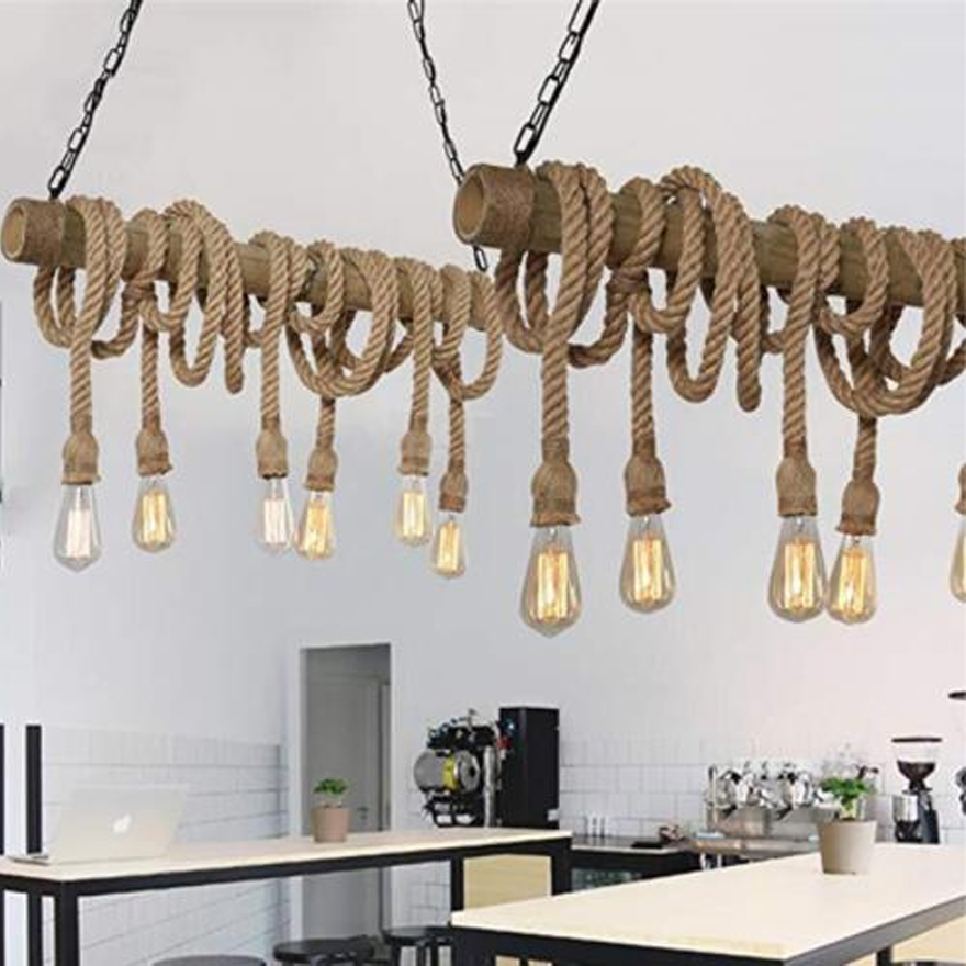 Rustic Hemp Rope And Metal  Strip Dining Room Pendant Light, Log Color