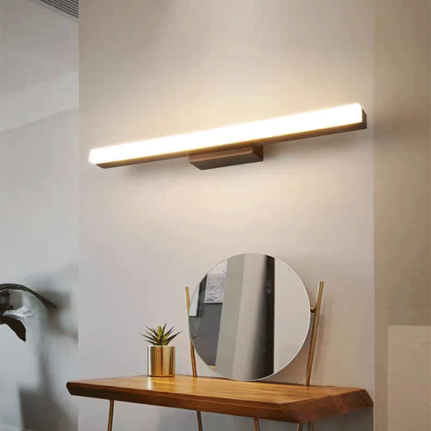 Minimalist Wooden Linear Bathroom Mirror Front Wall Lamp, Burlywood/Log Color