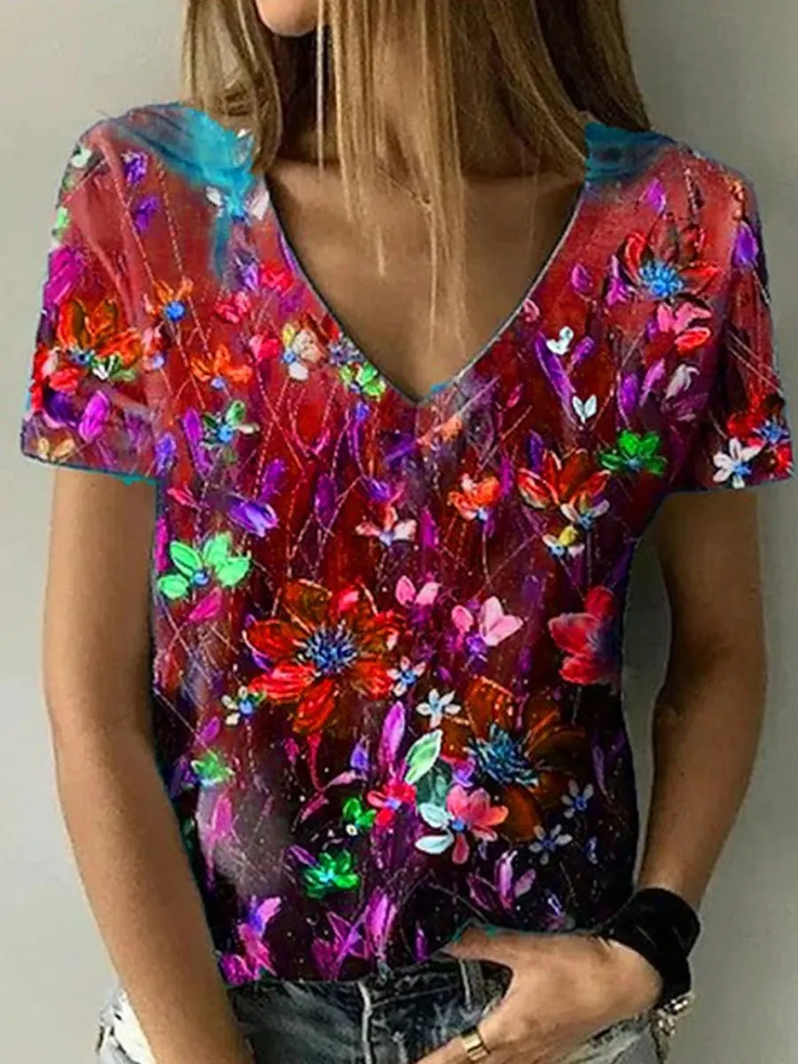 V-neck Casual Loose Floral Print Short Sleeve T-shirt