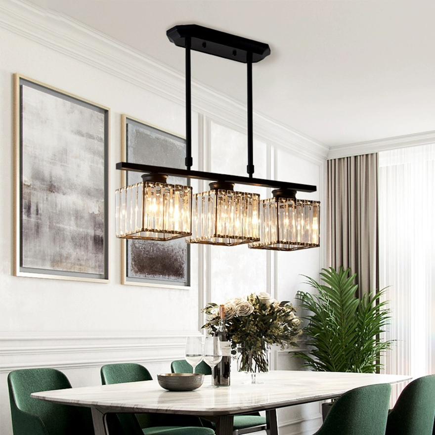 Modern Metal And Crystal Geometric Dining Room Pendant Light, Black/Gold