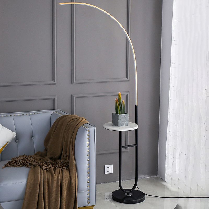 Designer Marble And Acrylic Curved Bedside Table Floor Lamp, Black, Trichromatic Light