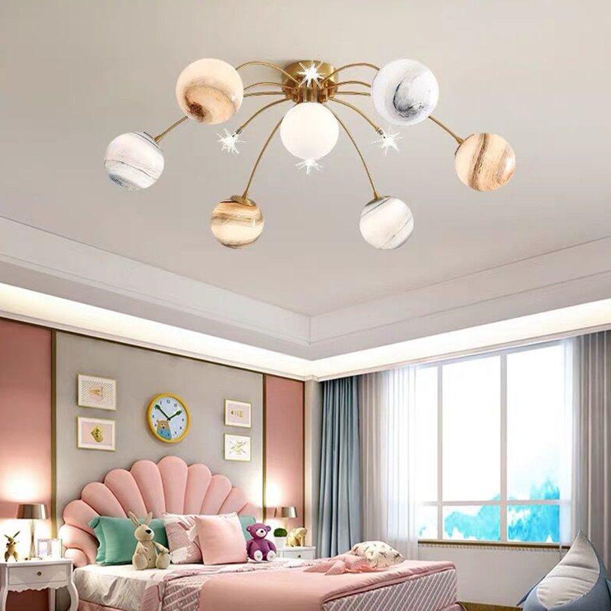 Designer Metal And Glass Planet Children's Room Ceiling Light, Gold, Trichromatic Light