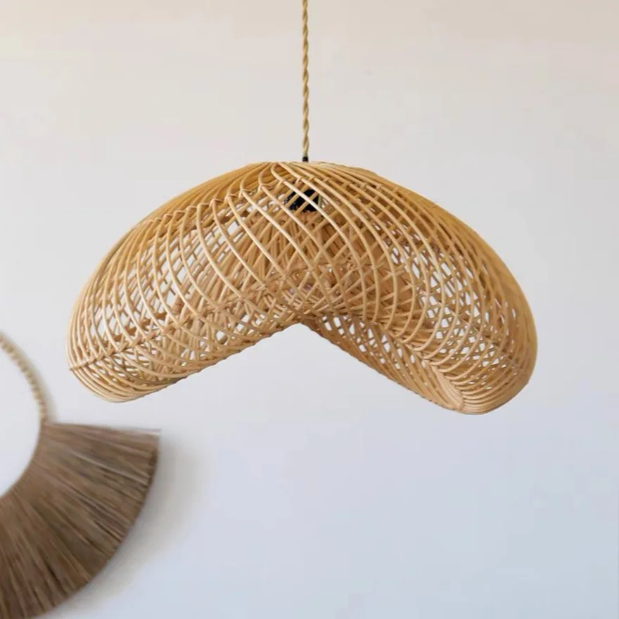 Boho Metal And Rattan Uneven Dining Room Pendant Light, Burlywood