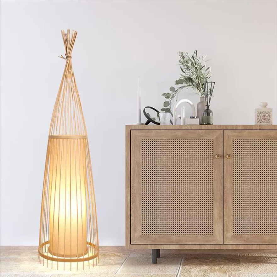 Boho Rattan And Fabric Lantern Study Room Floor Lamp, Burlywood