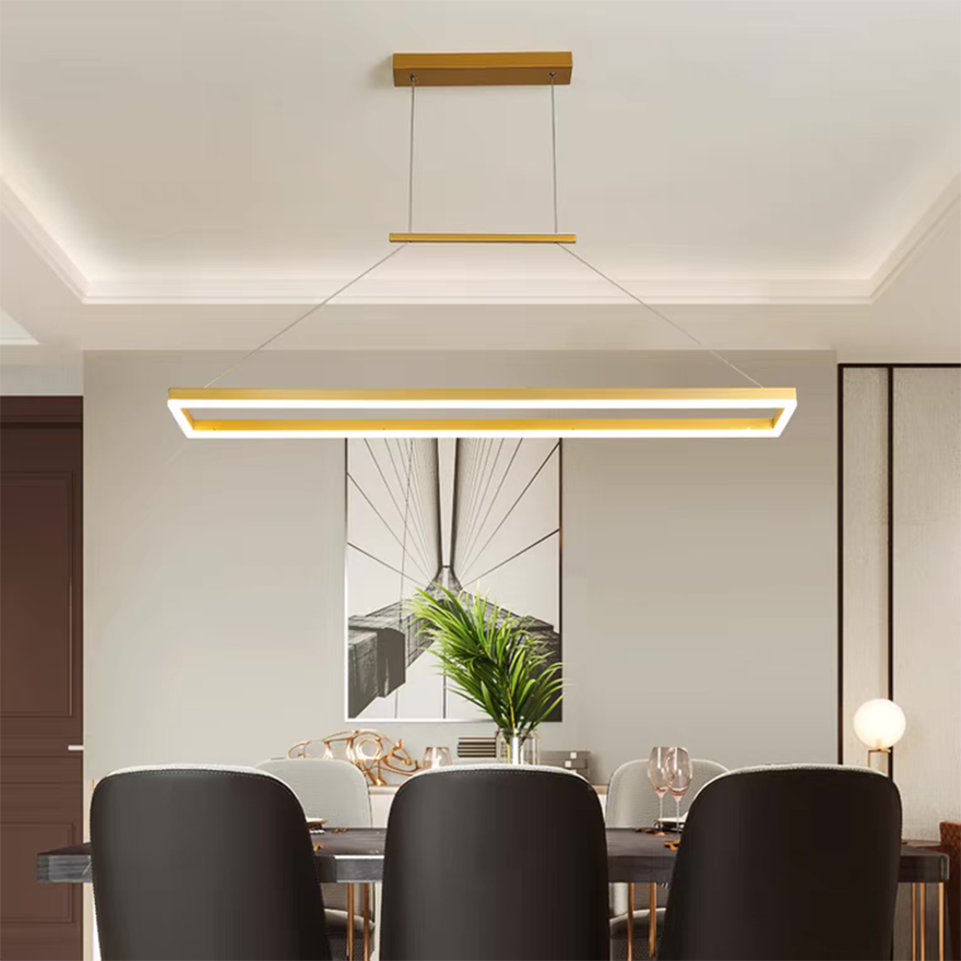 Minimalist Metal Rectangular Dining Room Pendant Light, Brown/Gold, Trichromatic Light