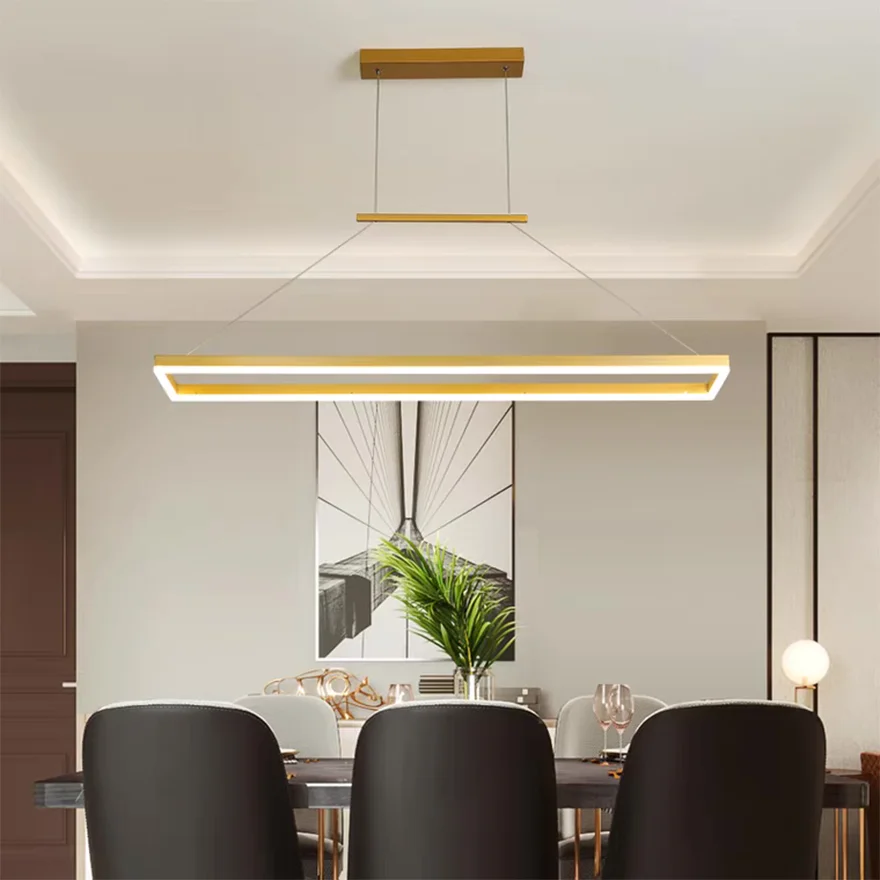 Minimalist Metal Rectangular Dining Room Pendant Light, Brown/Gold, Trichromatic Light