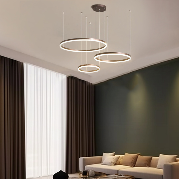 Contemporary Metal Ring Bedroom Pendant Light, Black/Brown/Gold, Trichromatic Light