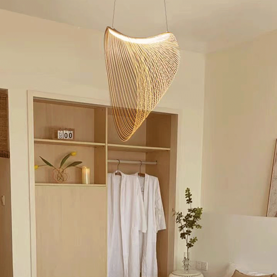 Art Deco Wooden Rattan Dining Room Pendant Light, Natural Wood