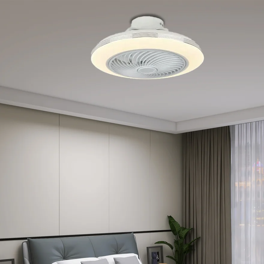 Modern Metal And Acrylic Round Bedroom Ceiling Fan With Light, Silver/Burlywood, Trichromatic Light