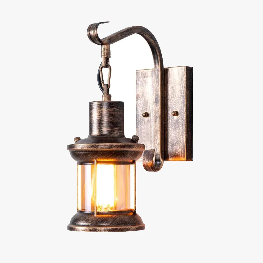 Industrial Glass Lantern Bedroom Wall Lamp, Black/Bronze