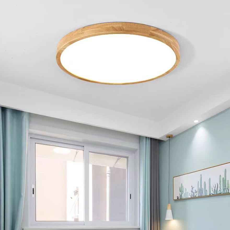 Modern Wood And Plastic Round Living Room Pendant Light, Natural Wood, Trichromatic Light