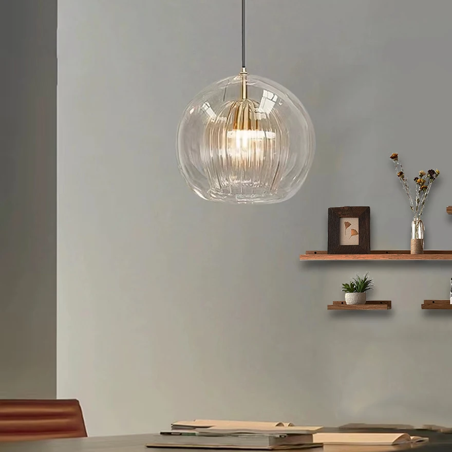 Classical Metal And Glass Bubble Bedroom Pendant Light, Amber/Clear, Trichromatic Light