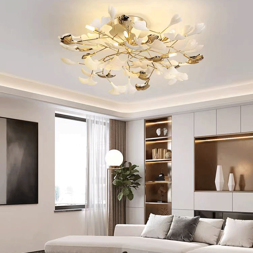 Designer Ceramic And Metal Petal Shaped Dining Room Ceiling Light, Gold-White