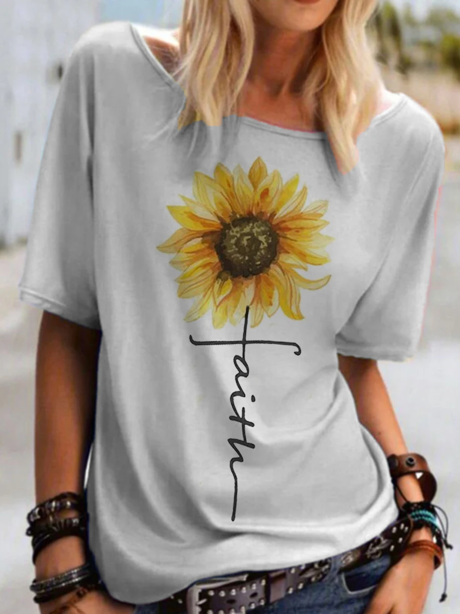 Casual Tie-dyed And Sunflower Print T-shirt