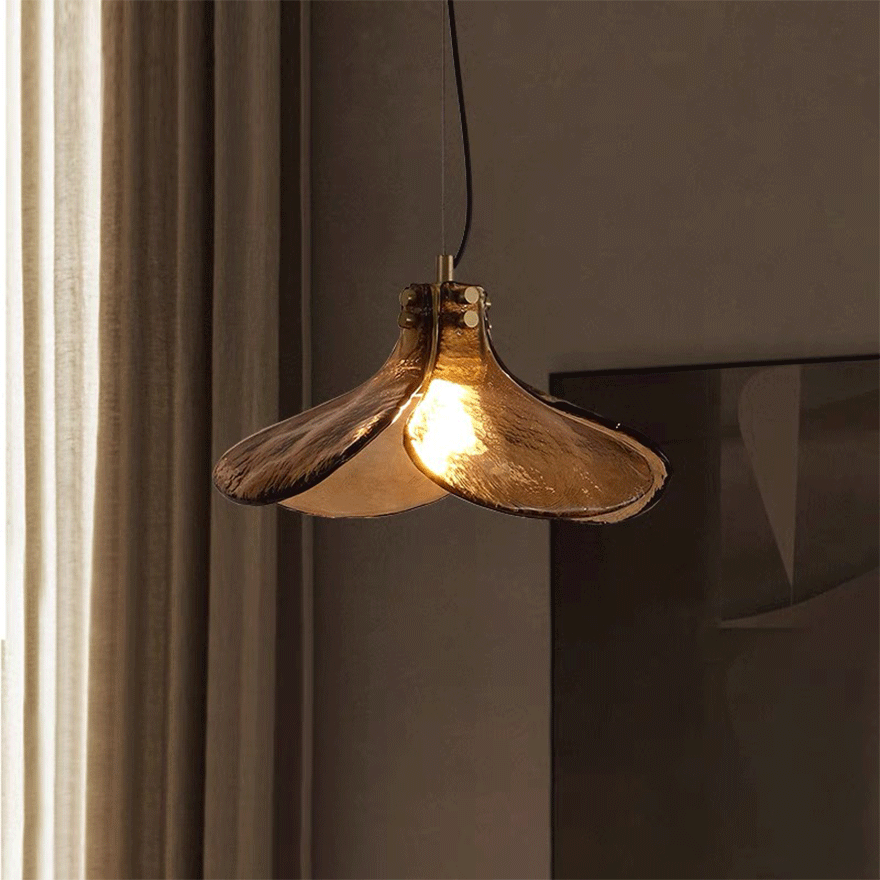 Designer Metal And Glass Petal Shaped Dining Room Pendant Light, Brown