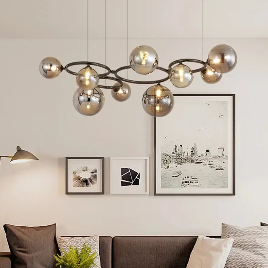 Designer Metal And Glass Bubble Living Room Pendant Light, 4 Color, Trichromatic Light