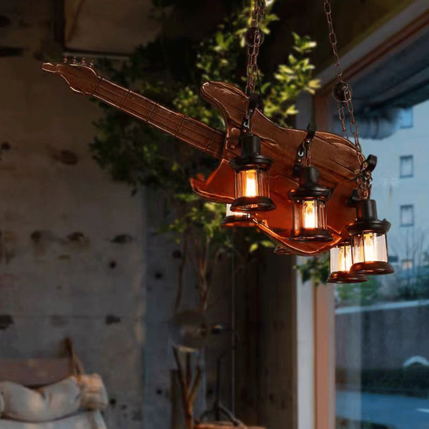 Vintage Metal And Wooden Guitar Dining Room Pendant Light, Burlywood