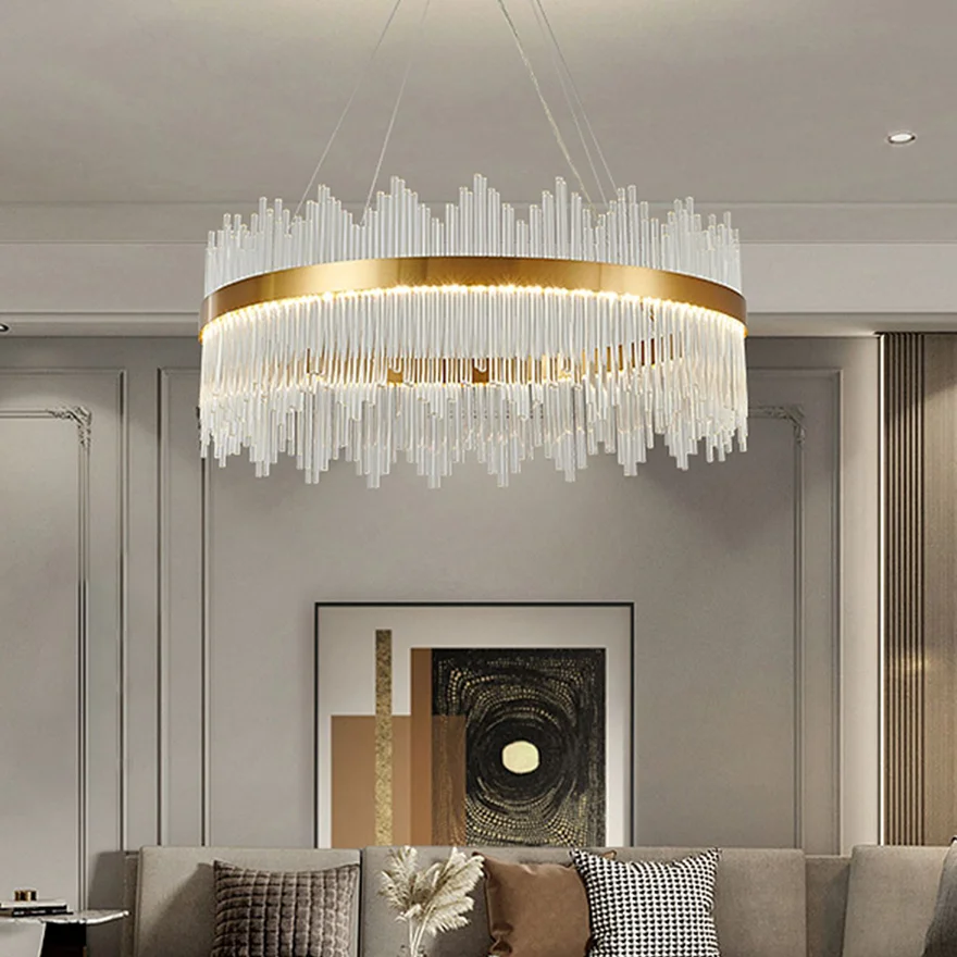 Royal Metal And Glass Ring Dining Room Chandelier Pendant Light, Gold, Trichromatic Light